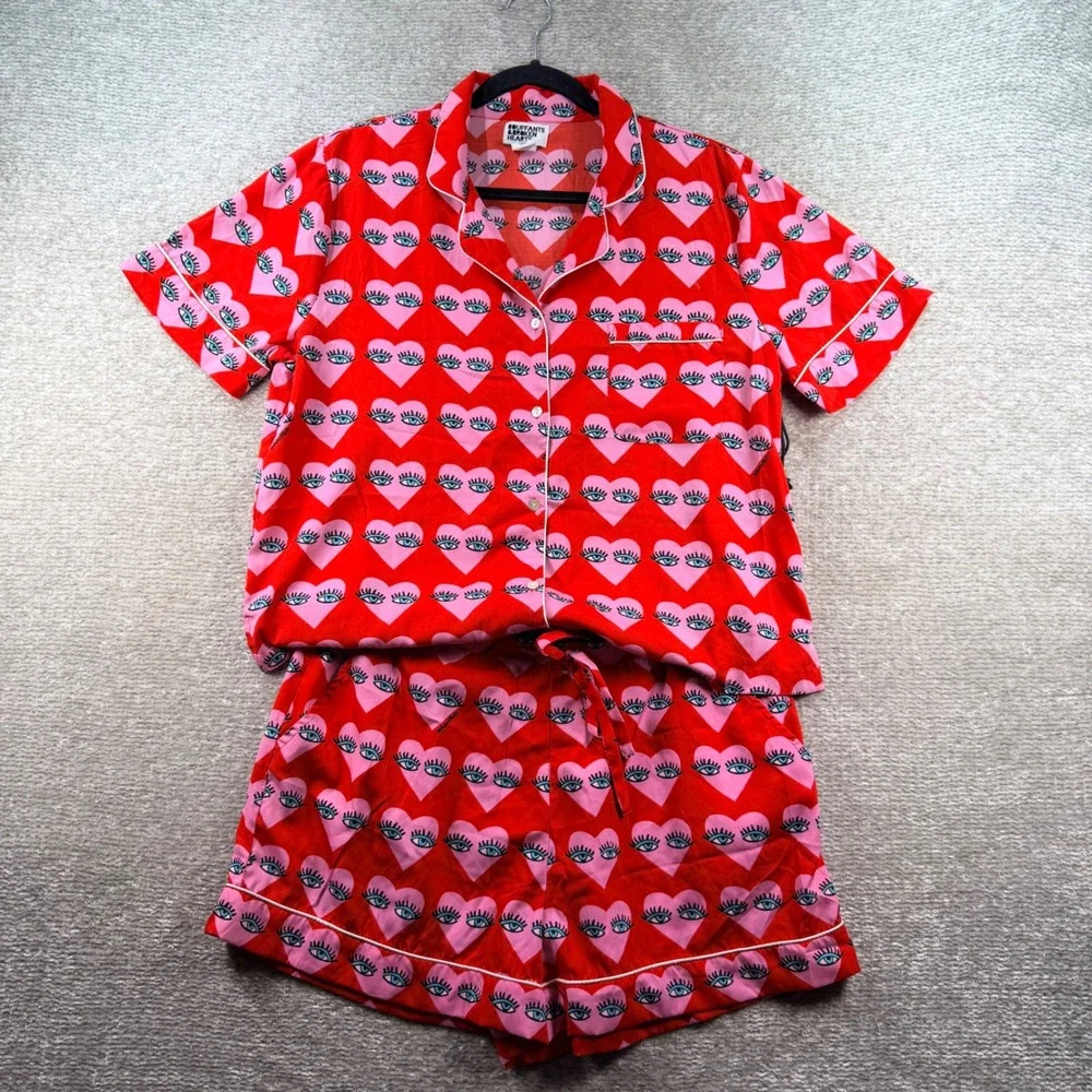 Bouffants & Broken Hearts Pajama Set Heart Eye Print L Red Pink Loungewear